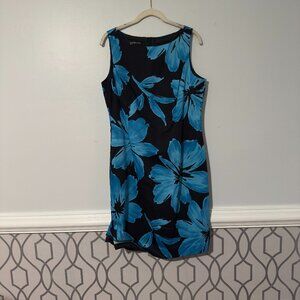 Jones New York Sz 14 Sleeveless Black & Blue Floral Linen Dress Slit Lined